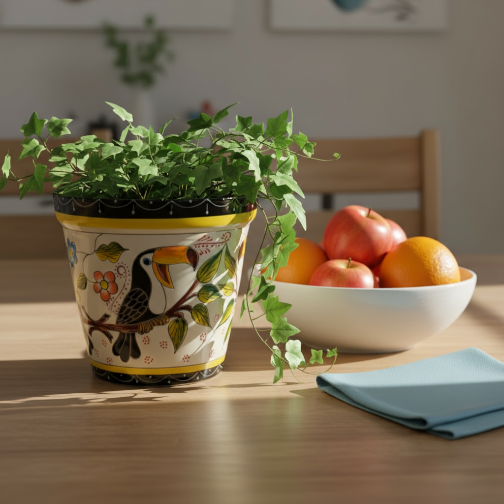 Toucan Flower Pot is Round Ceramic Planter Handmade in Mexico for Colorful Outdoor Garden Decor, or Bold Indoor Home Decor