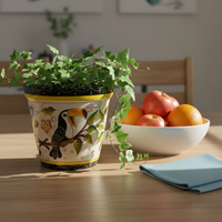Toucan Flower Pot is Round Ceramic Planter Handmade in Mexico for Colorful Outdoor Garden Decor, or Bold Indoor Home Decor
