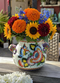 Hummingbirds Flower Pot 10.5" Round Talavera Ceramic Planter is Handmade Pottery for Outdoor Garden Decor or Indoor Home Decor