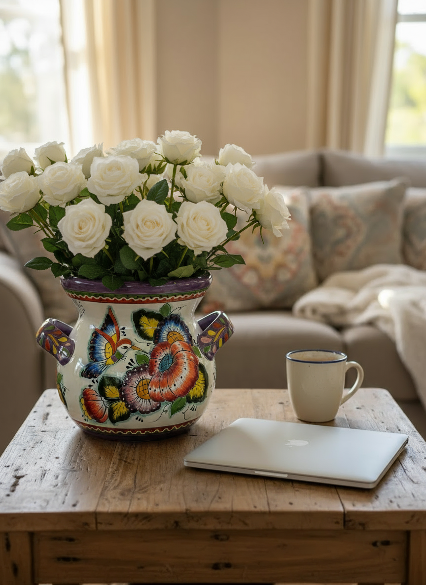 Hummingbirds Flower Pot 10.5" Round Talavera Ceramic Planter is Handmade Pottery for Outdoor Garden Decor or Indoor Home Decor