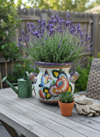Hummingbirds Flower Pot 10.5" Round Talavera Ceramic Planter is Handmade Pottery for Outdoor Garden Decor or Indoor Home Decor