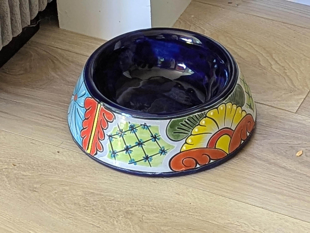 Round Talavera Dog Bowl | Hand Painted Mexican Ceramic Pet Food Dish | Pet Lover Gift