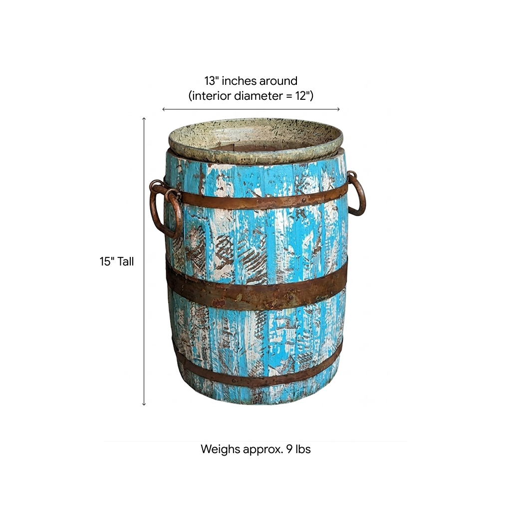 Rustic Barrel Planter, Handmade in Mexico, Wooden Outdoor Garden Decor, Porch Decor, Yard Art, 12.75" Diameter, 20lbs, Whiskey Barrel Style
