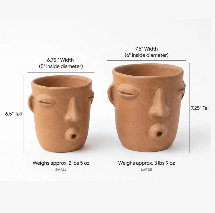 Two terracotta clay face planters shown side by side with dimension labels and weights on a white background. The left planter is labeled SMALL, 6.
