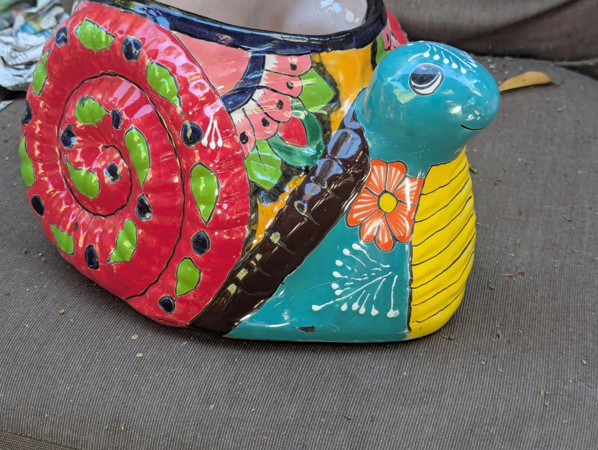 CHIPPED Talavera Snail Planter | Hand-painted Mexican Pottery Garden Decor