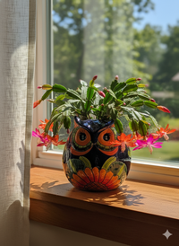 Sunflower Owl Mexican Flower Pot | Ceramic Talavera Pottery Works Indoor or Outdoor as Home Decor or Garden Decor