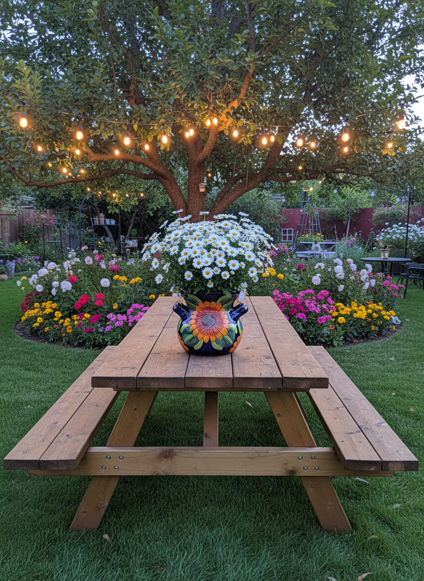 Wooden picnic table under a tree with string lights in a garden setting.