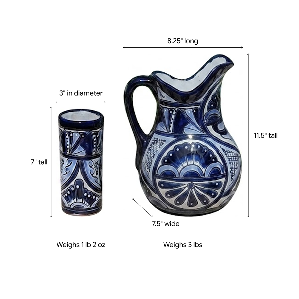 Talavera Ceramic Pitcher & Six Glasses Handmade Mexican Pottery, Ceramic Water Pitcher Set for the Kitchen or Dining Room or Outdoor Picnic
