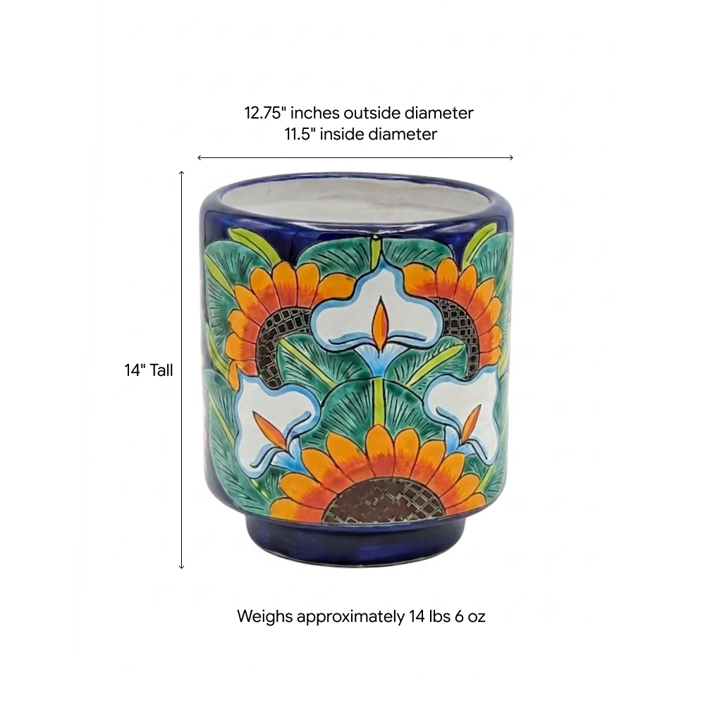 Talavera Ceramic Planter | Handmade Sunflower Lily Mexican Pottery, 14" Tall