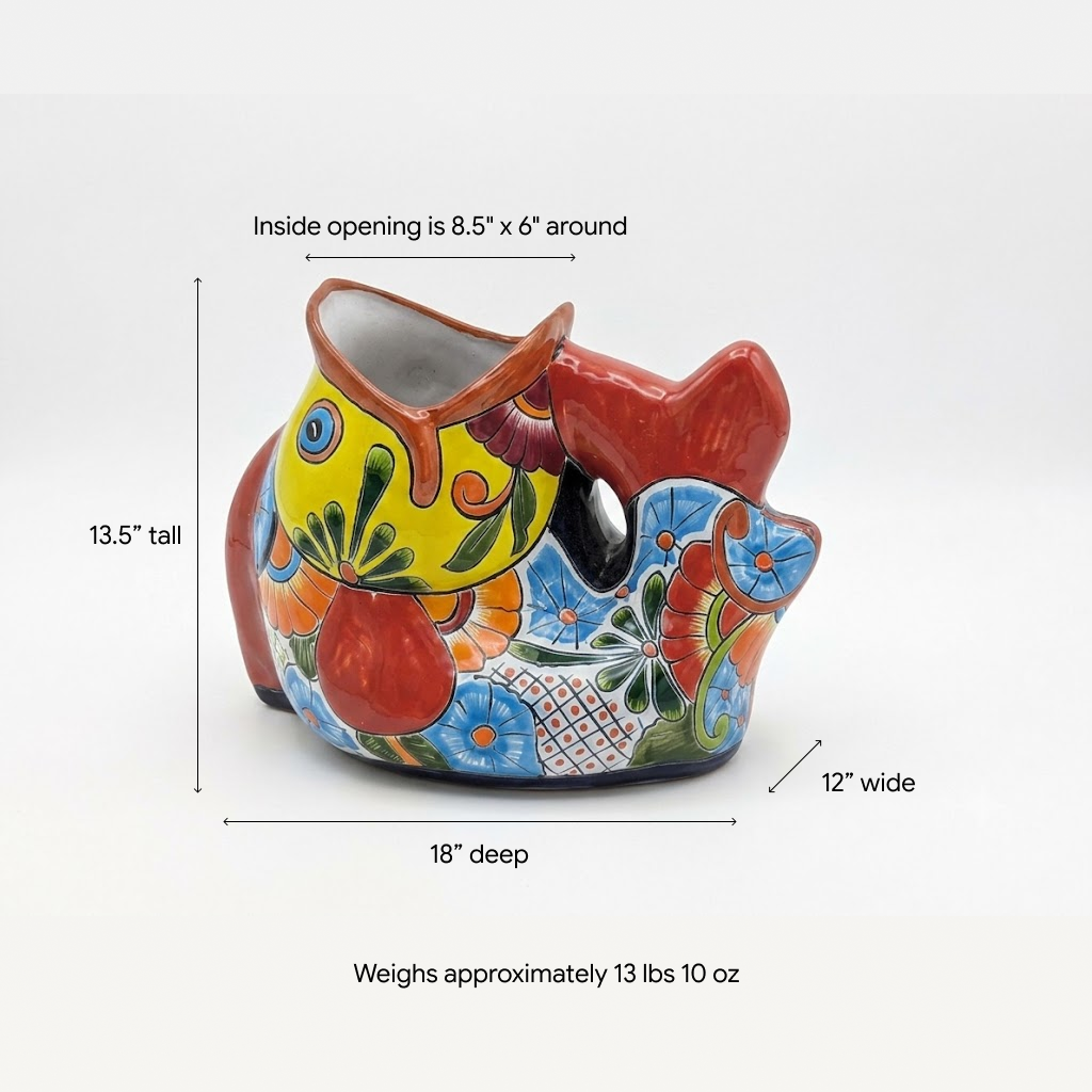 Talavera Whale Planter is Hand Painted Ceramic Mexican Pottery | Large Fish Planter Pot for Yard Art & Outdoor Garden Decor, Big Flower Pot