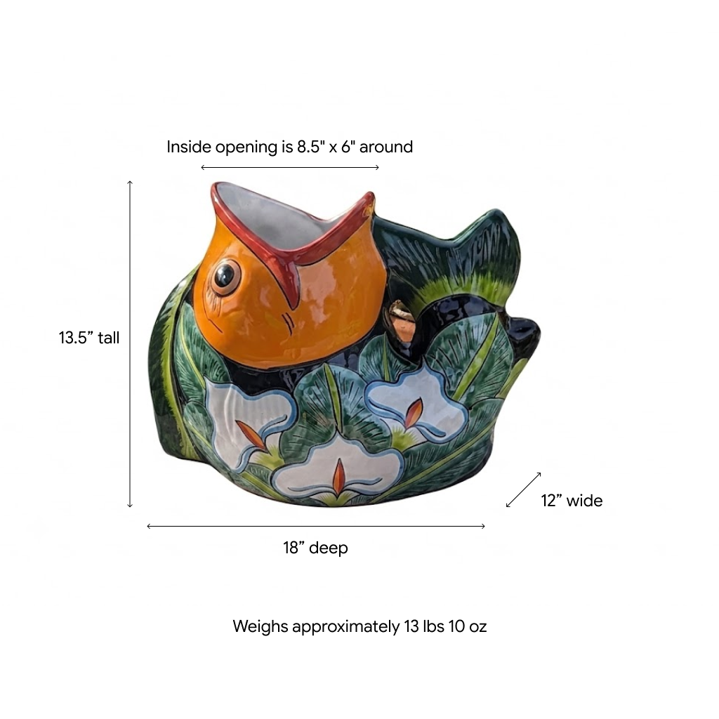Talavera Whale Planter is Hand Painted Ceramic Mexican Pottery | Large Fish Planter Pot for Yard Art & Outdoor Garden Decor, Big Flower Pot