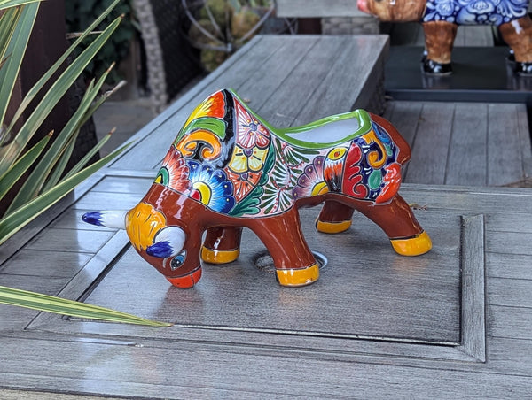 Talavera Bull Planter  | Handmade Mexican Pottery | Ceramic Flower Pot as Garden Gift