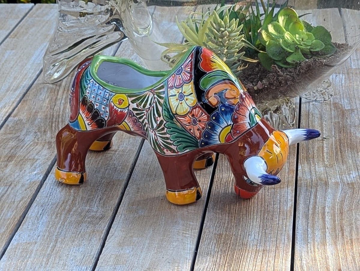 Talavera Bull Planter  | Handmade Mexican Pottery | Ceramic Flower Pot as Garden Gift