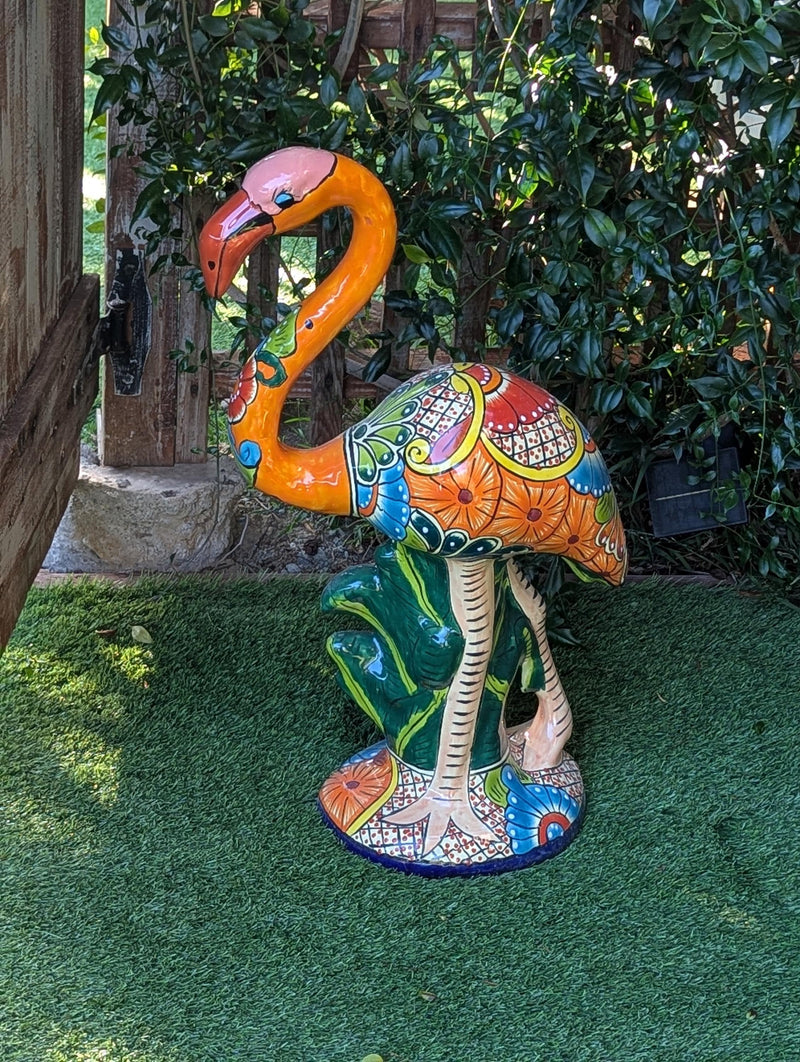 Talavera Flamingo Statue | Handmade Ceramic Mexican Art Sculpture | Colorful Lawn Ornament