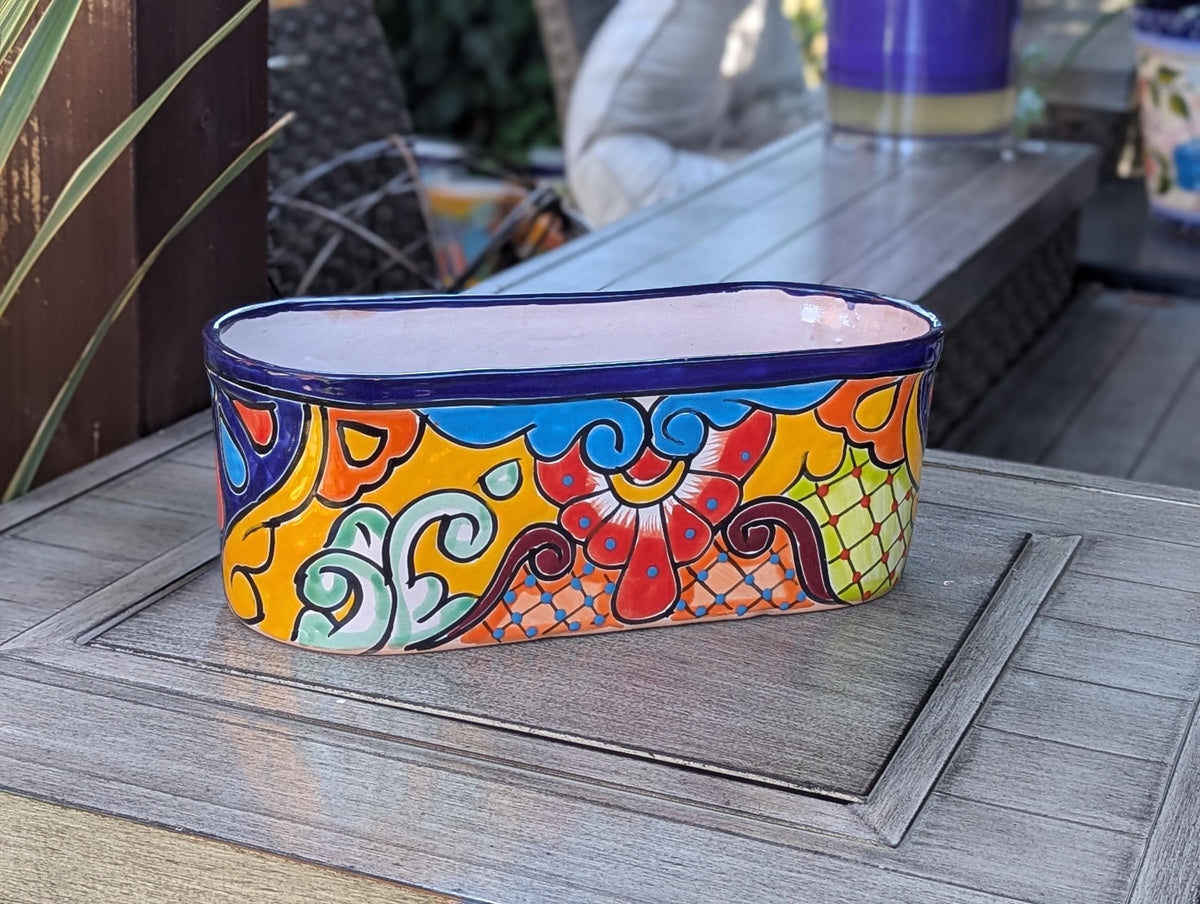 Talavera Pottery Oval Planter | Hand Painted Mexican Ceramic Flower Pot | Indoor Windowsill Box
