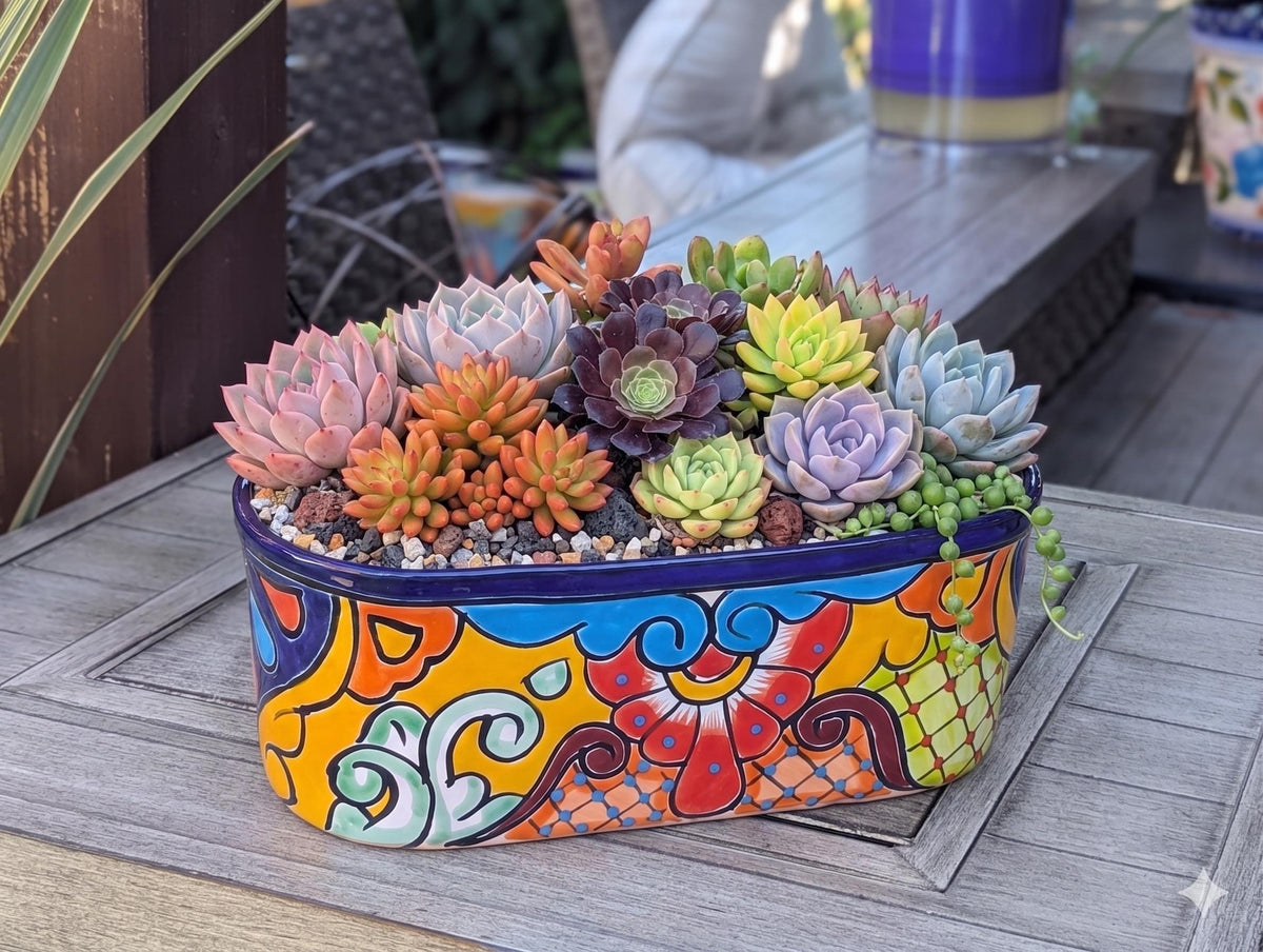Talavera Pottery Oval Planter | Hand Painted Mexican Ceramic Flower Pot | Indoor Windowsill Box