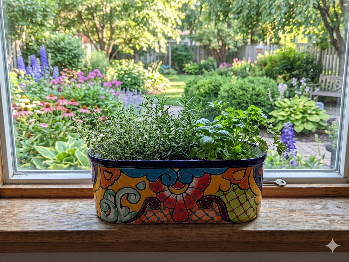 Talavera Pottery Oval Planter | Hand Painted Mexican Ceramic Flower Pot | Indoor Windowsill Box