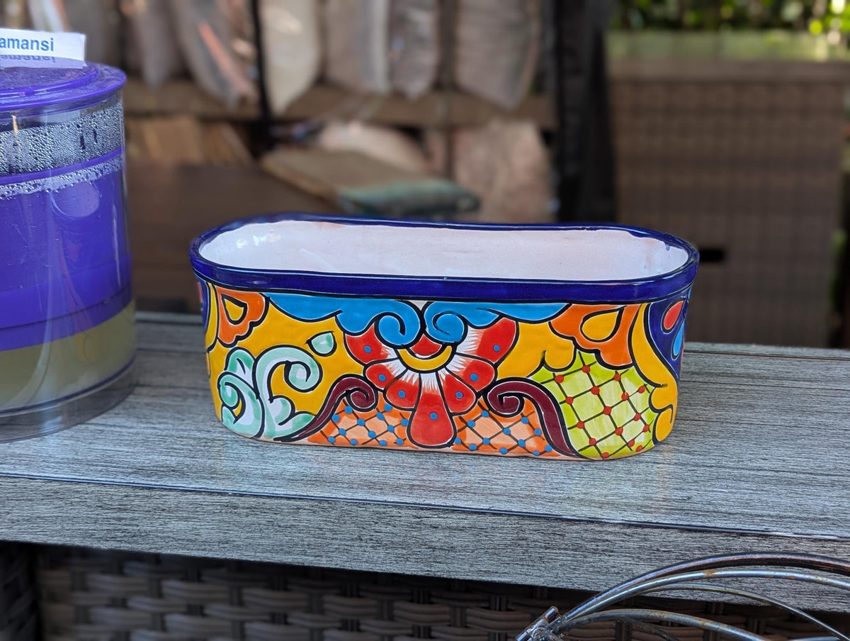Talavera Pottery Oval Planter | Hand Painted Mexican Ceramic Flower Pot | Indoor Windowsill Box