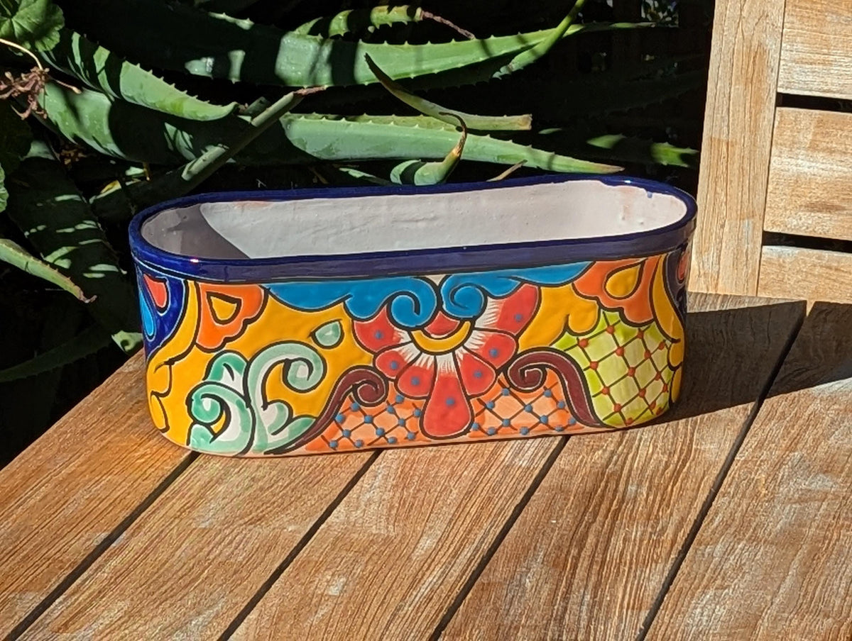 Talavera Pottery Oval Planter | Hand Painted Mexican Ceramic Flower Pot | Indoor Windowsill Box
