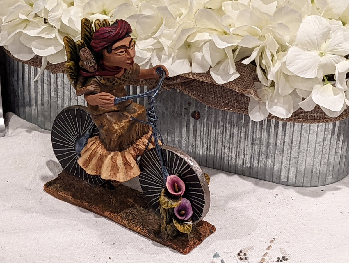 Woman on Bicycle, Handcrafted Mexican Folk Art in Clay from Oaxaca
