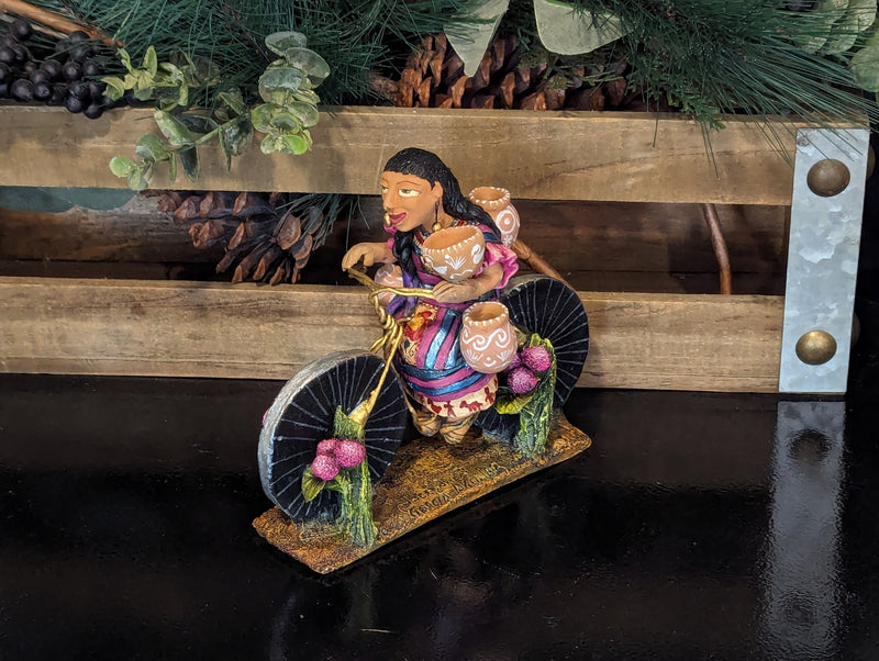 Woman on Bicycle, Handcrafted Mexican Folk Art in Clay from Oaxaca