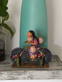 Woman on Bicycle, Handcrafted Mexican Folk Art in Clay from Oaxaca