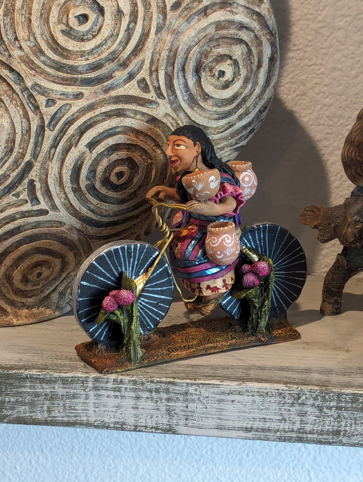 Woman on Bicycle, Handcrafted Mexican Folk Art in Clay from Oaxaca