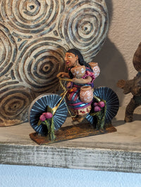 Woman on Bicycle, Handcrafted Mexican Folk Art in Clay from Oaxaca
