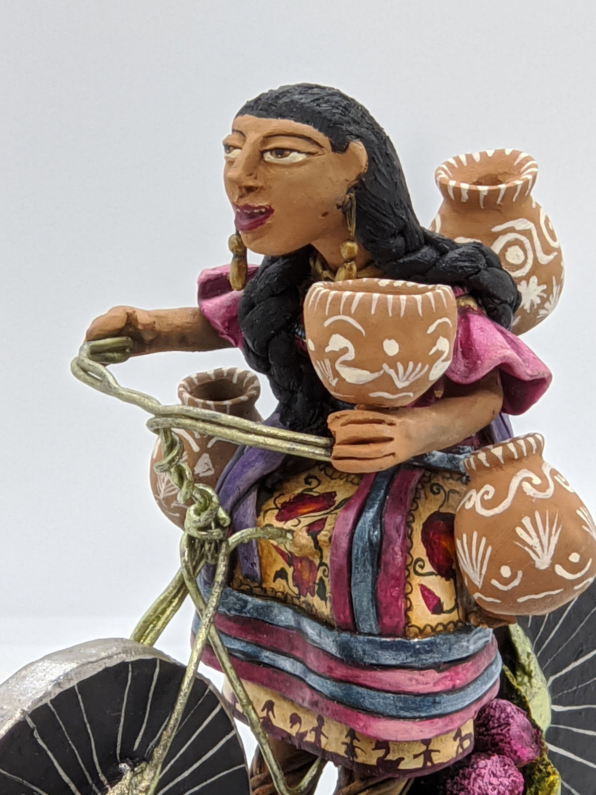 Woman on Bicycle, Handcrafted Mexican Folk Art in Clay from Oaxaca
