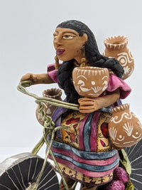 Woman on Bicycle, Handcrafted Mexican Folk Art in Clay from Oaxaca
