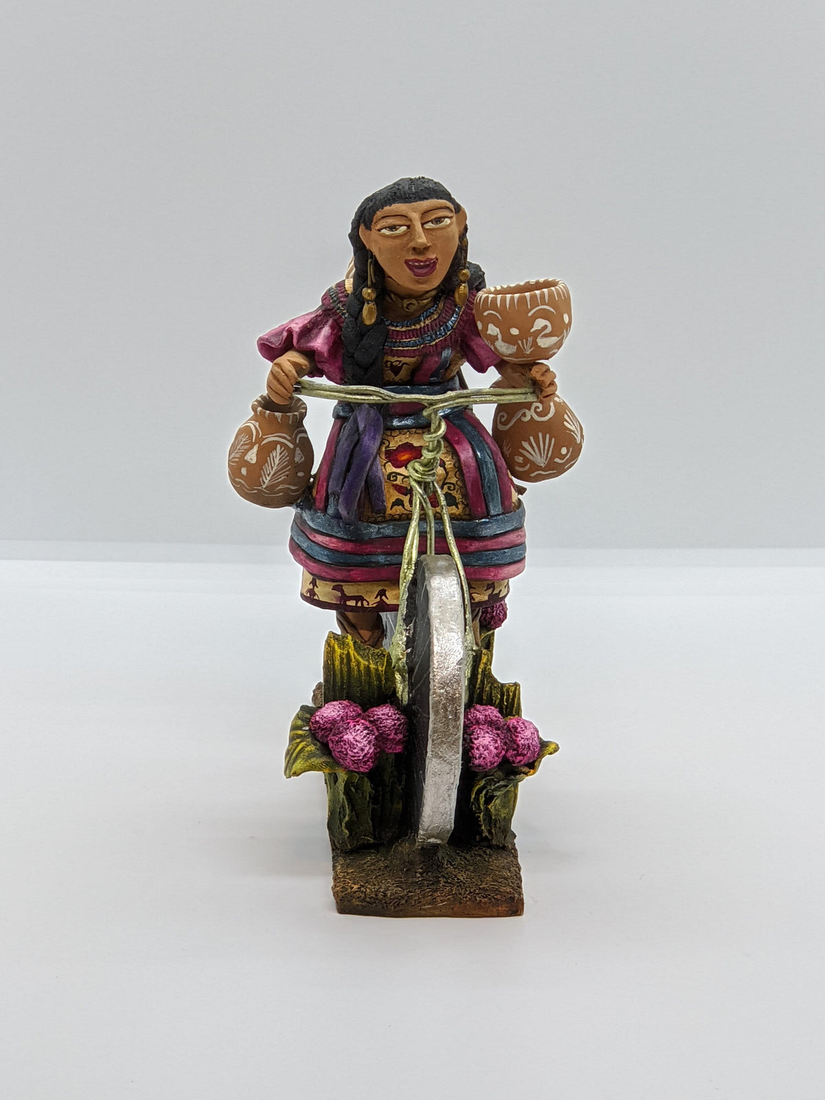 Woman on Bicycle, Handcrafted Mexican Folk Art in Clay from Oaxaca