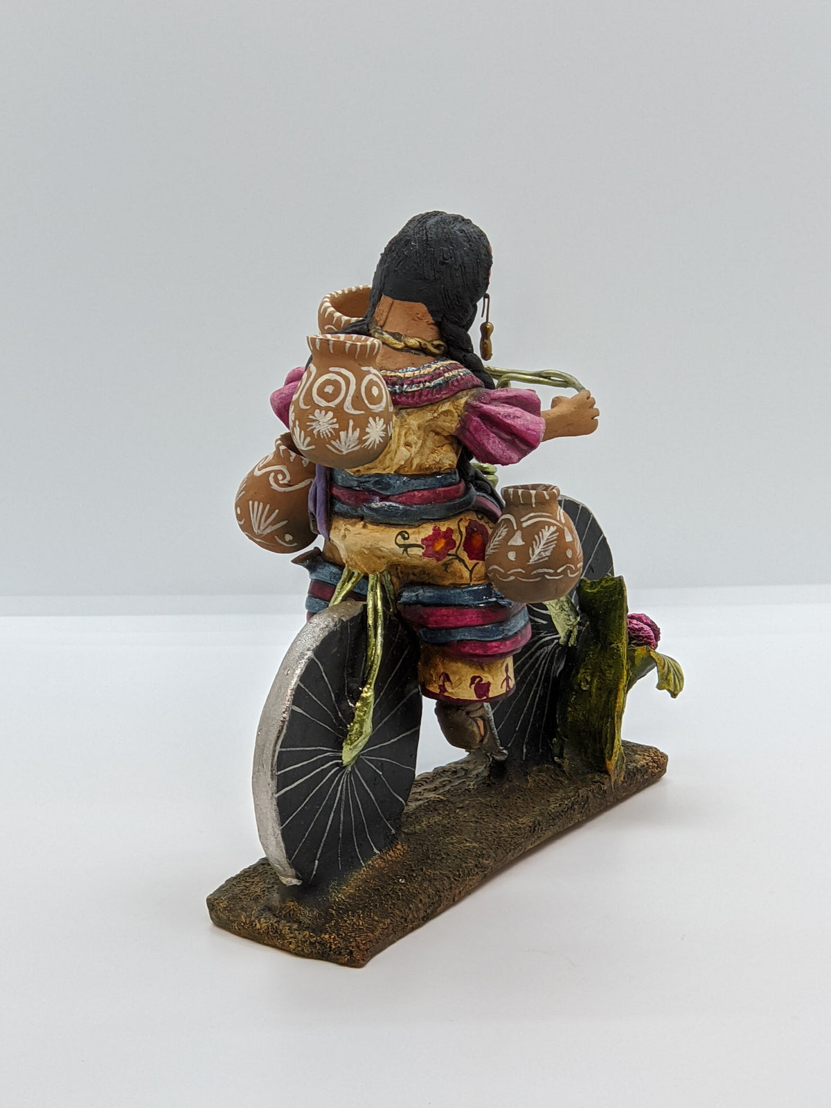 Woman on Bicycle, Handcrafted Mexican Folk Art in Clay from Oaxaca