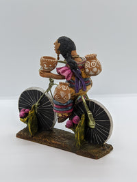 Woman on Bicycle, Handcrafted Mexican Folk Art in Clay from Oaxaca