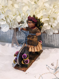 Woman on Bicycle, Handcrafted Mexican Folk Art in Clay from Oaxaca