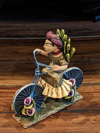 Woman on Bicycle, Handcrafted Mexican Folk Art in Clay from Oaxaca
