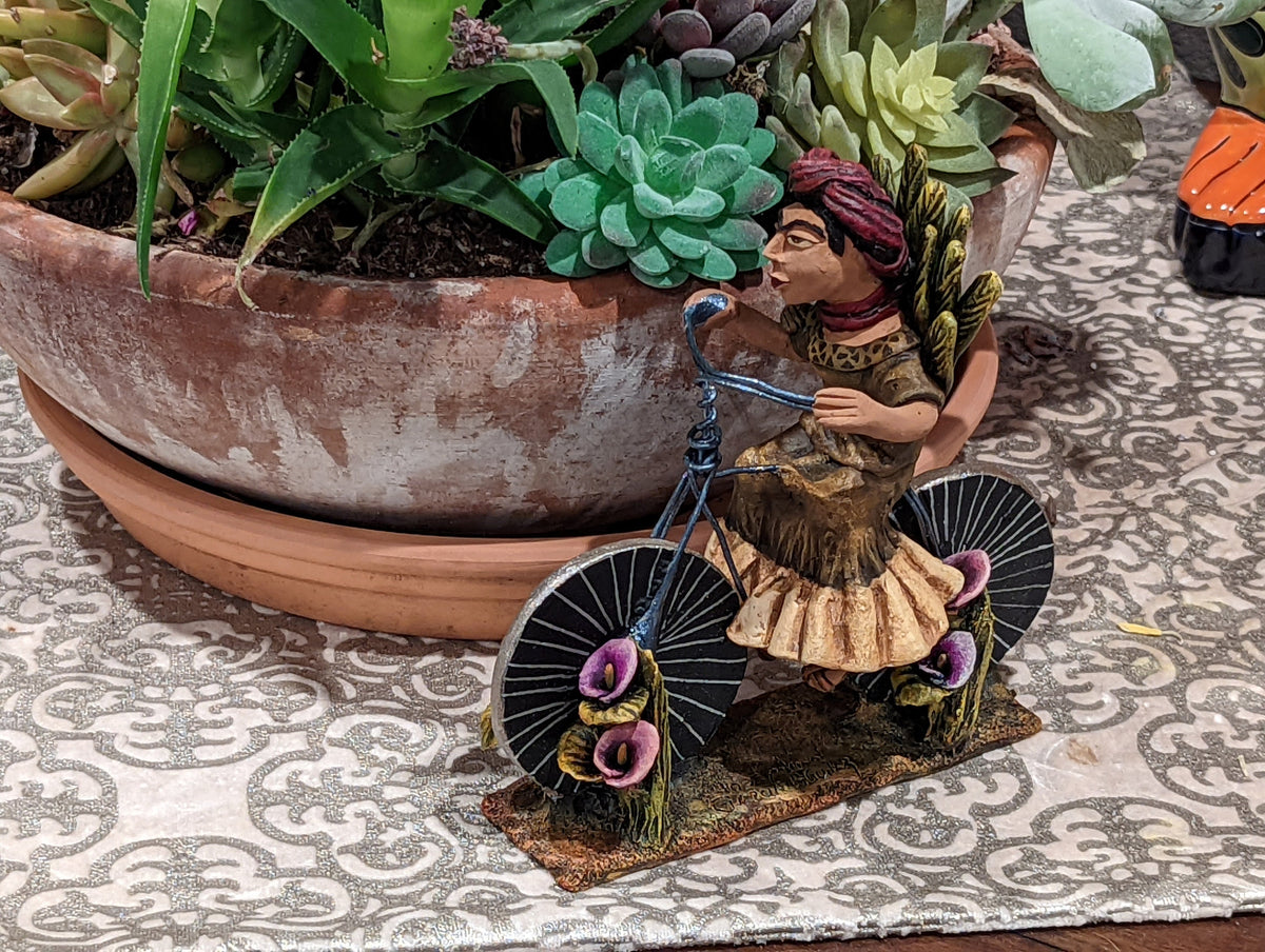 Woman on Bicycle, Handcrafted Mexican Folk Art in Clay from Oaxaca
