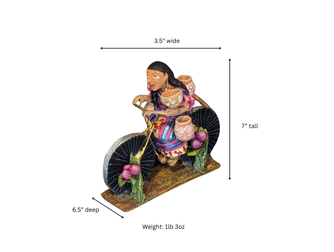 Woman on Bicycle, Handcrafted Mexican Folk Art in Clay from Oaxaca
