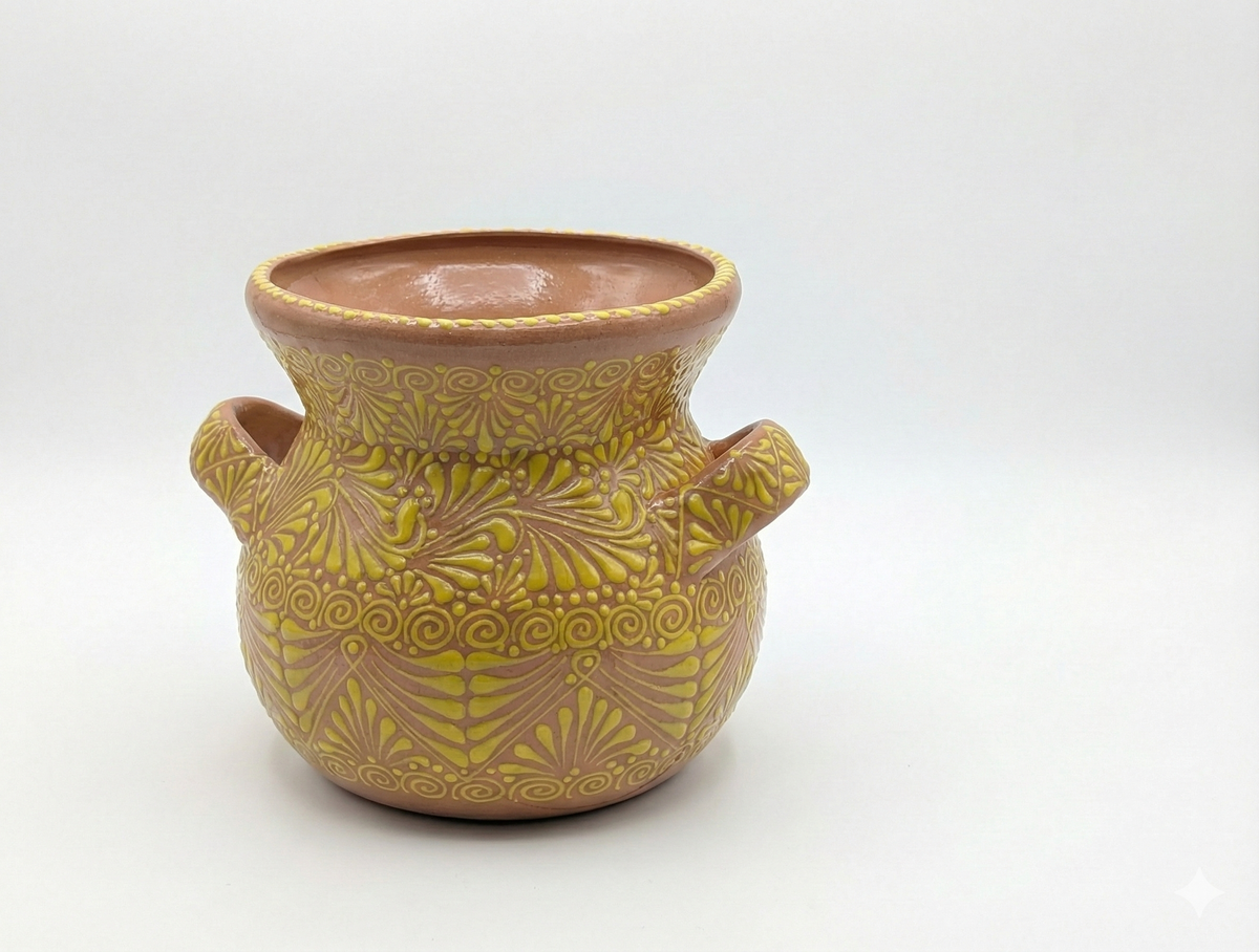 Decorative ceramic vase with a textured pattern on a white background