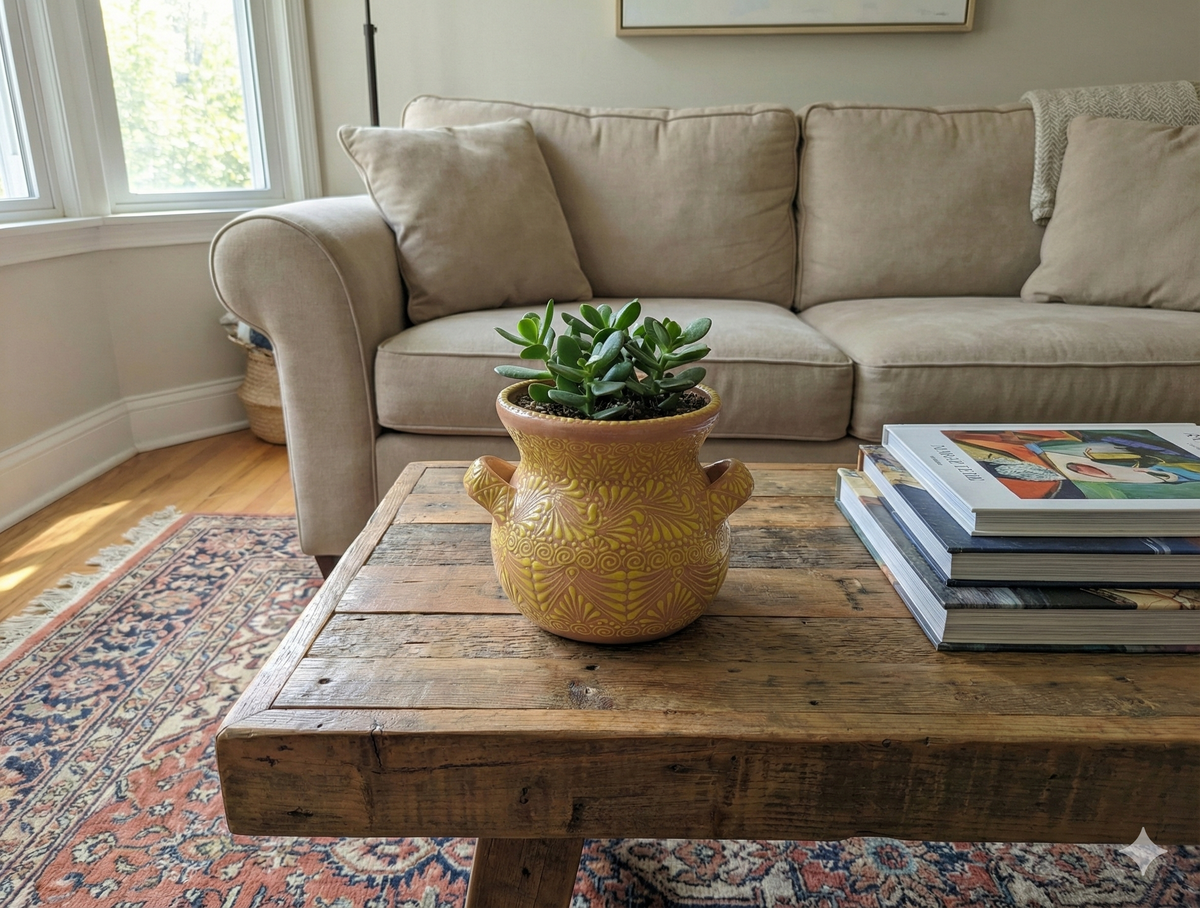 Beige sectional sofa with a wooden coffee table featuring a yellow vase and green plant, in a room with a window and rug.