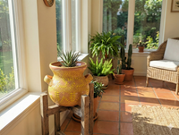 Sunroom with potted plants and a wicker chair