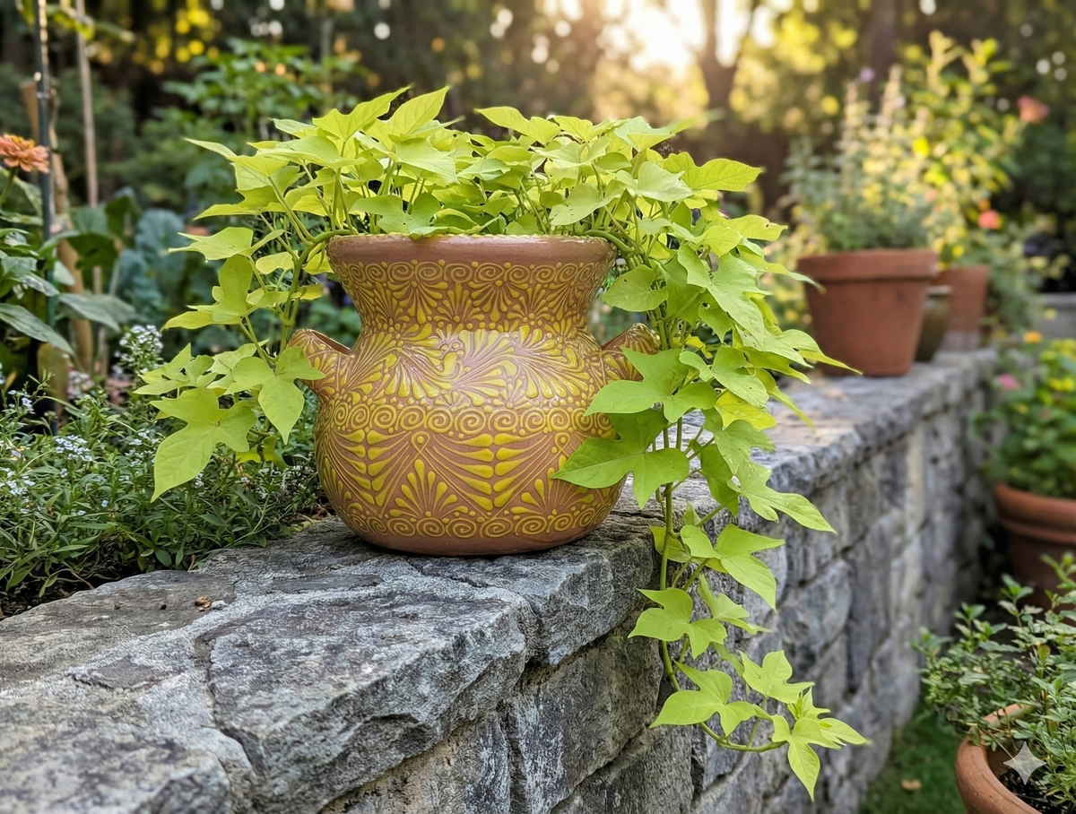 Decorative terracotta pot with green leaves on a stone wall in a garden setting