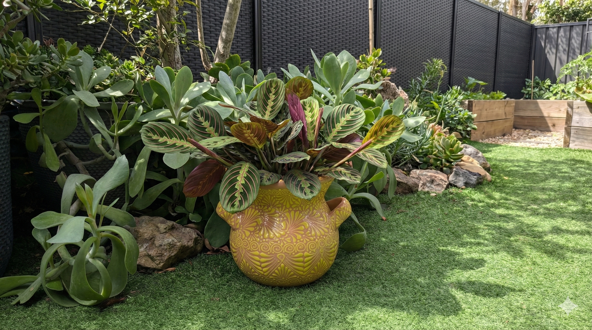 Decorative pot with plants on a grassy area