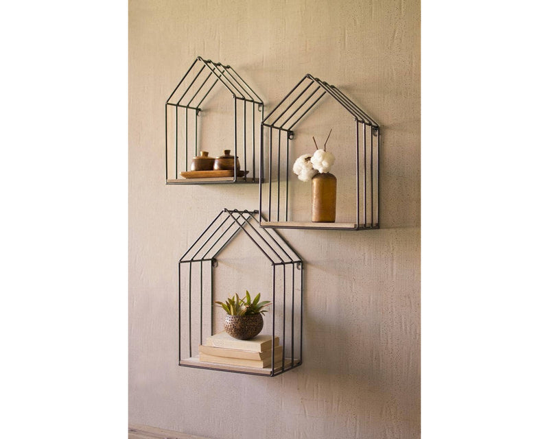 Set of Three Wood and Metal House Shelves, Shelf Home Decor Housewarming Gift for Her