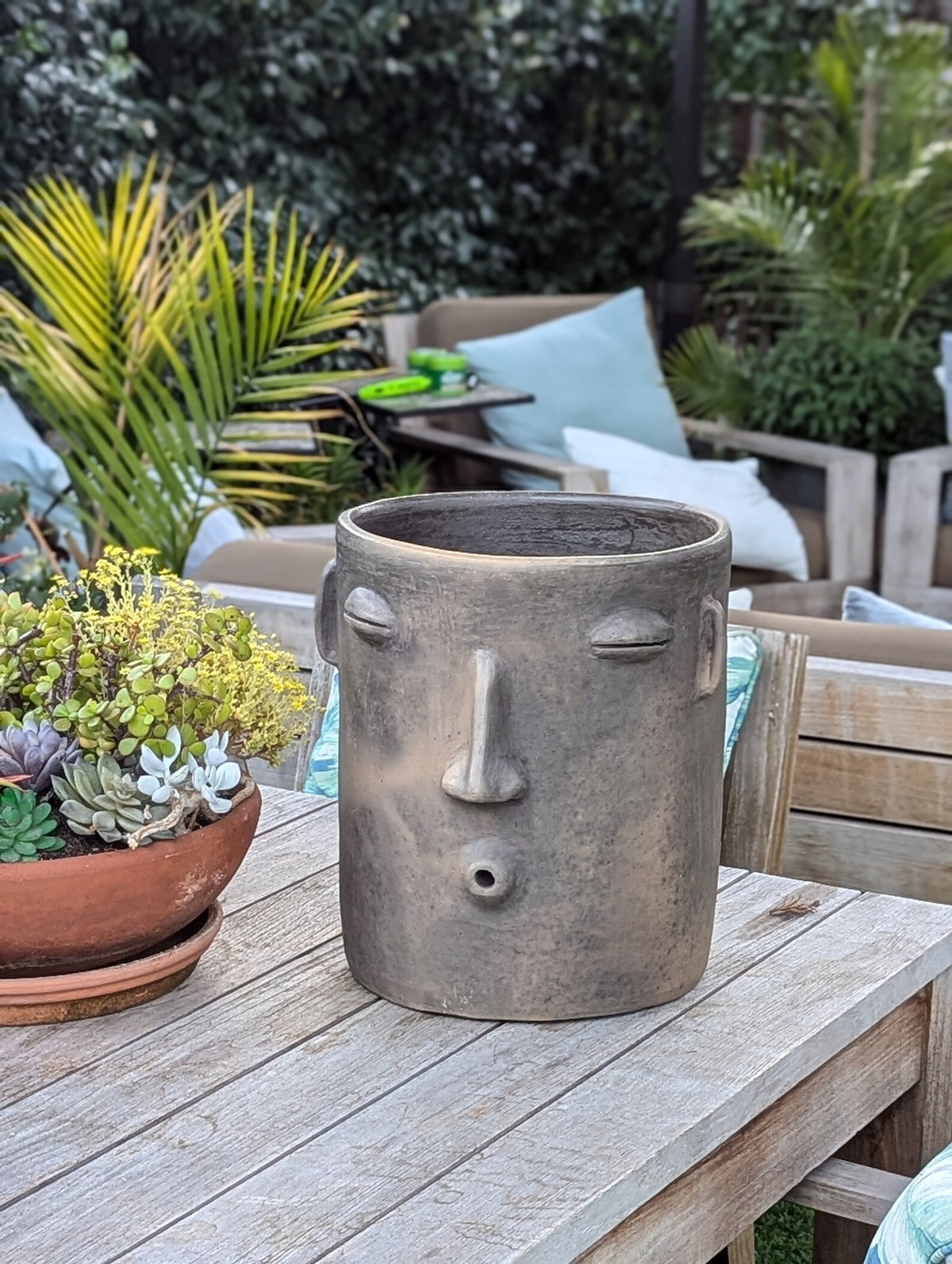 Big Face Planter & Whistler Flower Pot, Handmade Mexican Pottery of Atzompa Mexico, Indoor Outdoor Home Decor