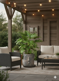 Outdoor patio with chairs, table, and potted plant under string lights.