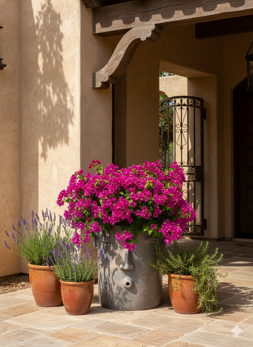 Potted plants including a large pink flowering plant on a stone patio.