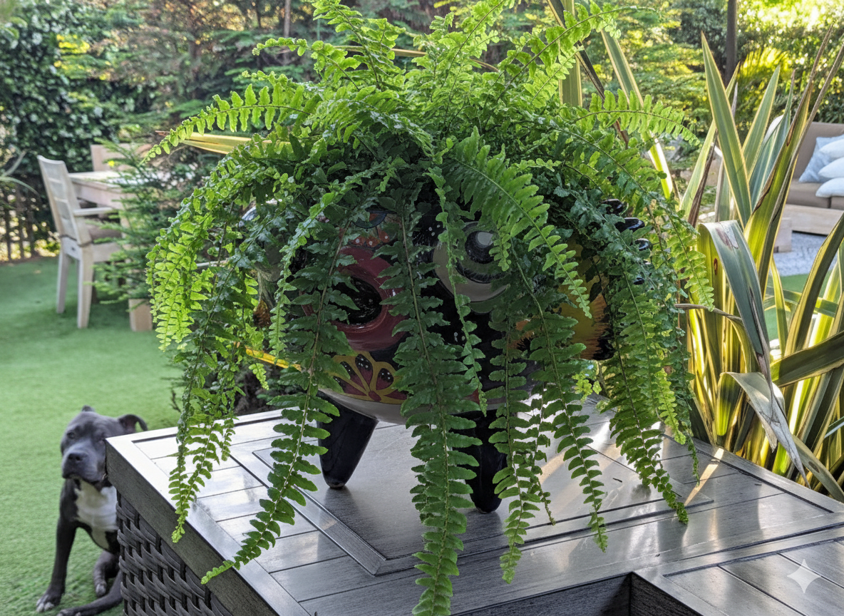 Potted fern on a table with a dog and outdoor furniture in the background