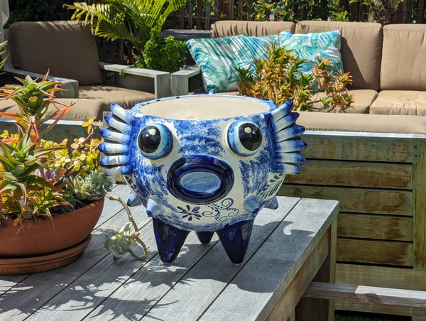 Talavera Blowfish Planter is Hand Painted Ceramic Mexican Pottery | Unique Planter Pot for Yard Art & Outdoor Garden Decor, Big 17" Wide Pot