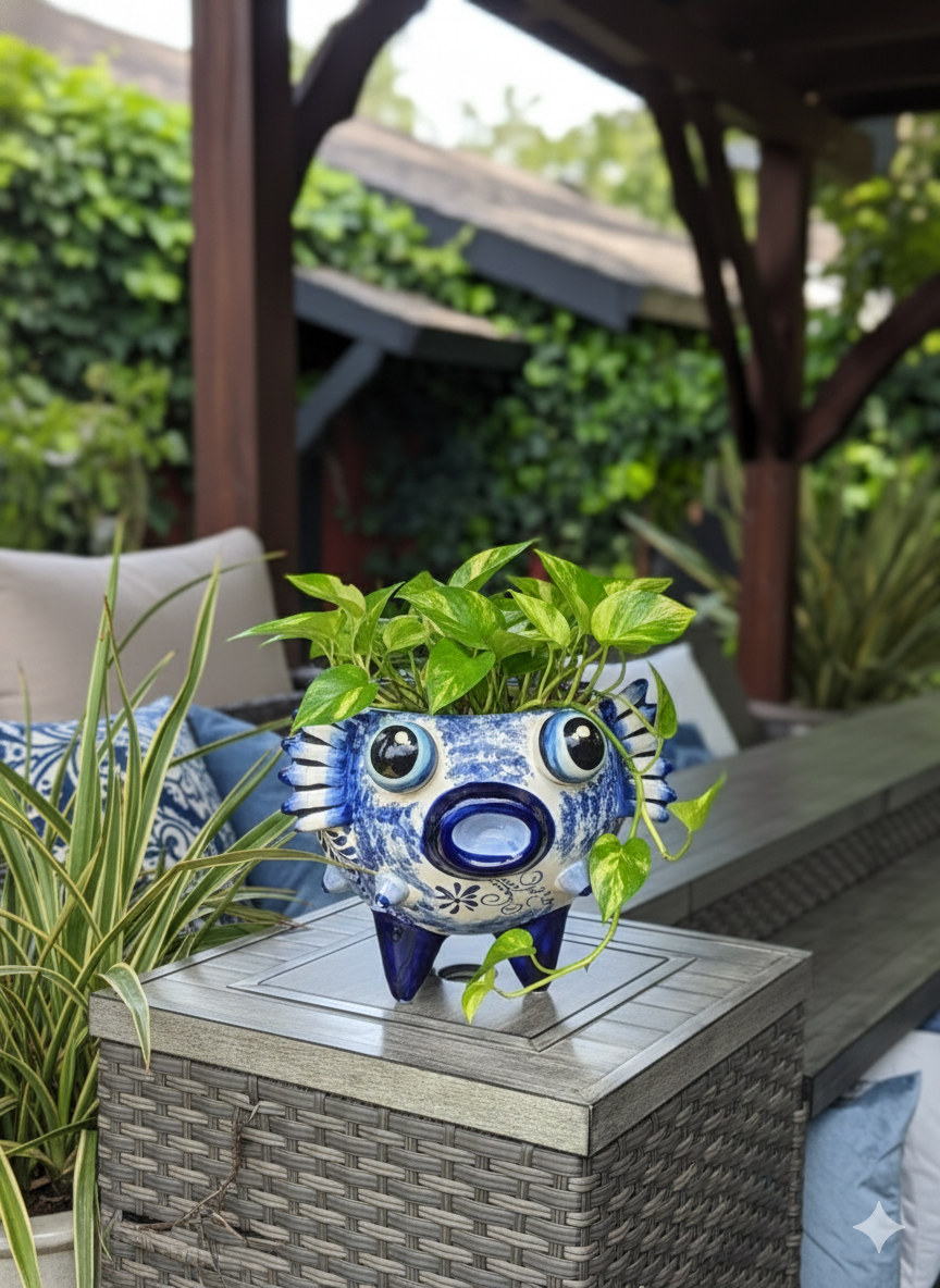 Blue and white ceramic fish planter with green leaves on a table outdoors.