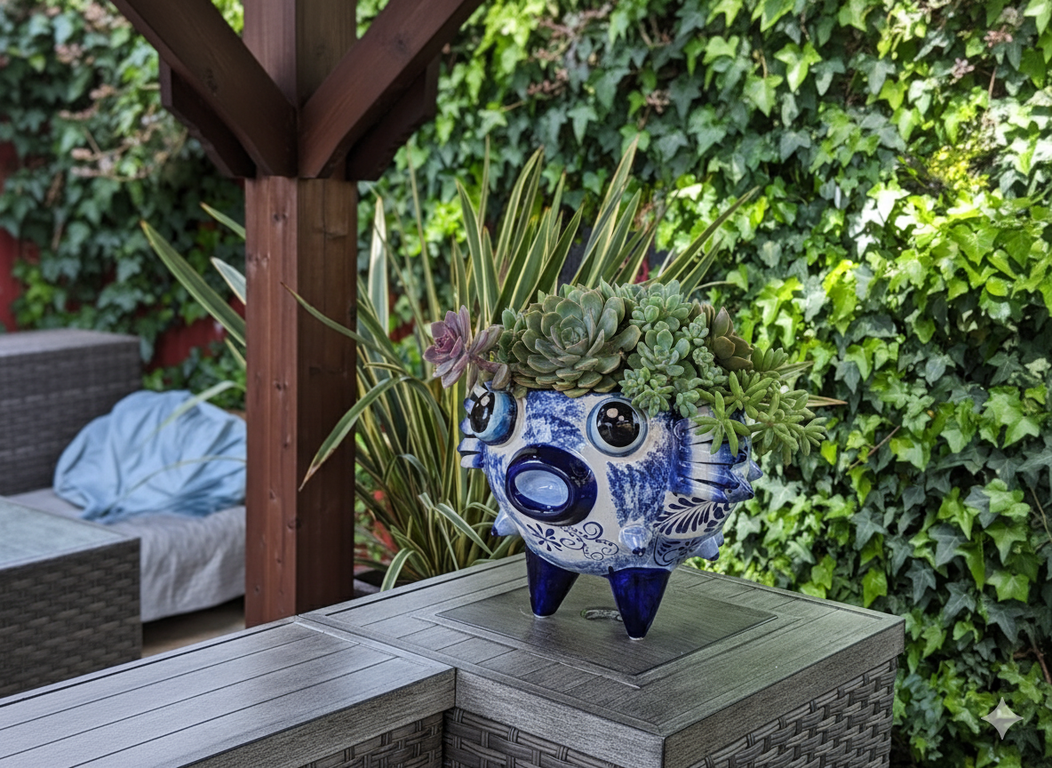 Decorative planter with a blue and white design on a wooden surface with greenery in the background